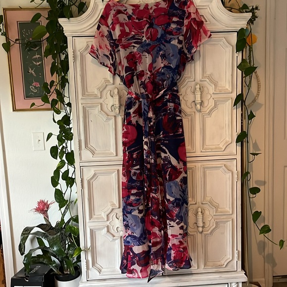 CJ Banks Chiffon Floral Pink/Purple Wrap Maxi Dress with Belt Size 1X. - Picture 6 of 12